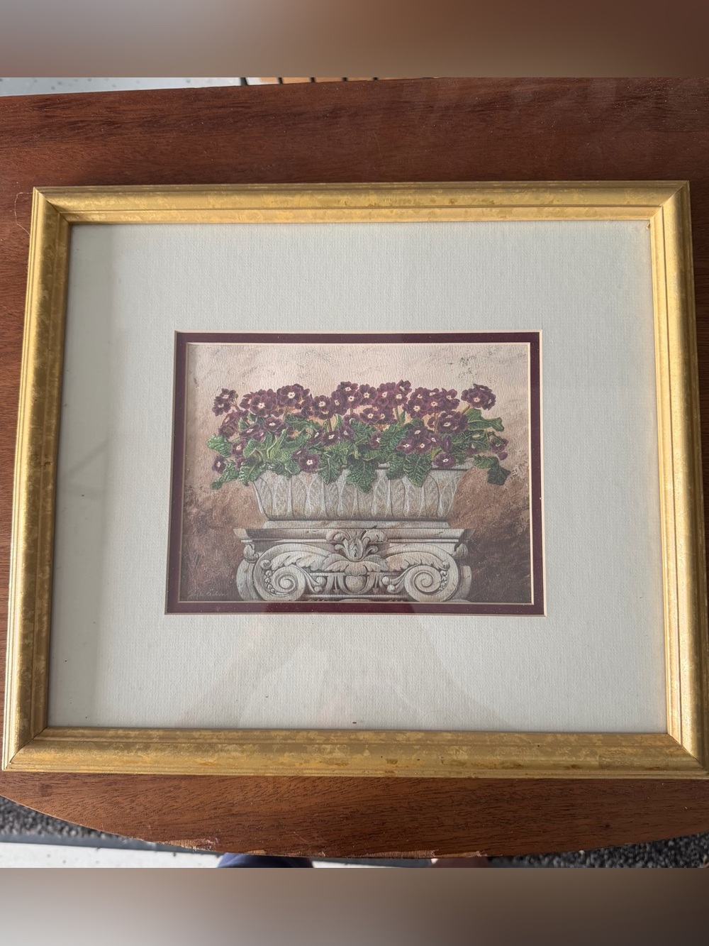 Vintage Erikson Gold Framed Floral Wall Art Print - Cream Mat, Purple Flowers